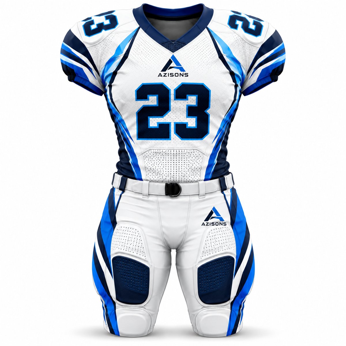 American Football Uniform White / Royal Blue AS-124 Custom sublimated American football uniform White / Royal Blue – Azisons AS-124